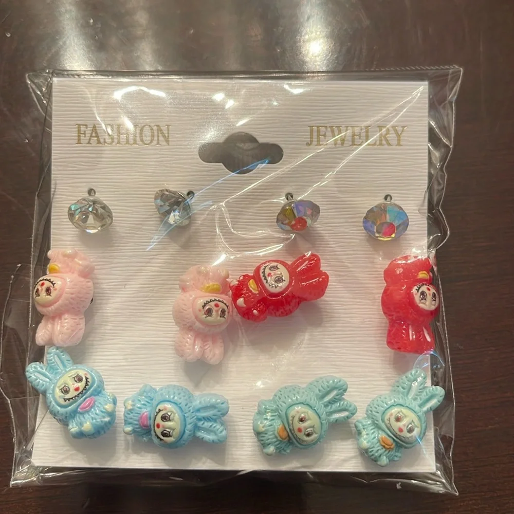 Colorful Cartoon Labubu Monster Character Earrings Set of four pairs with bonus